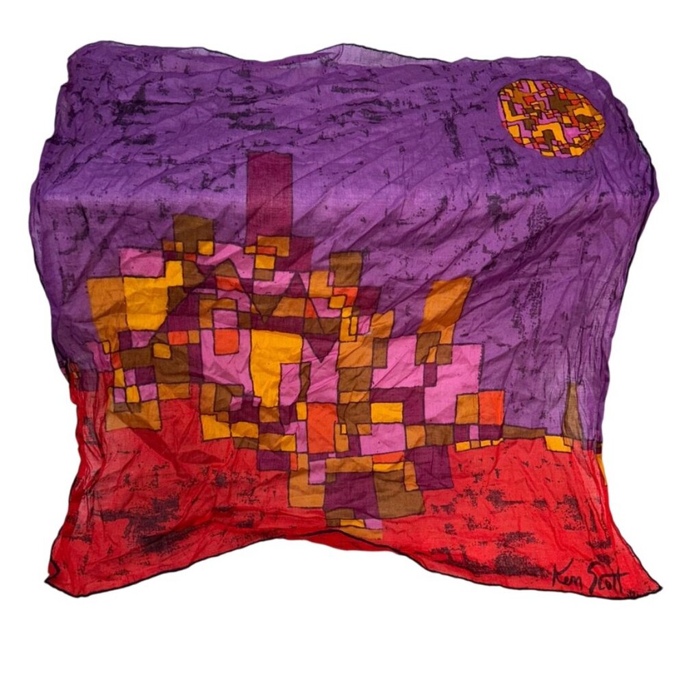 ken scott vintage orange purple graphic print handkerchief scarf